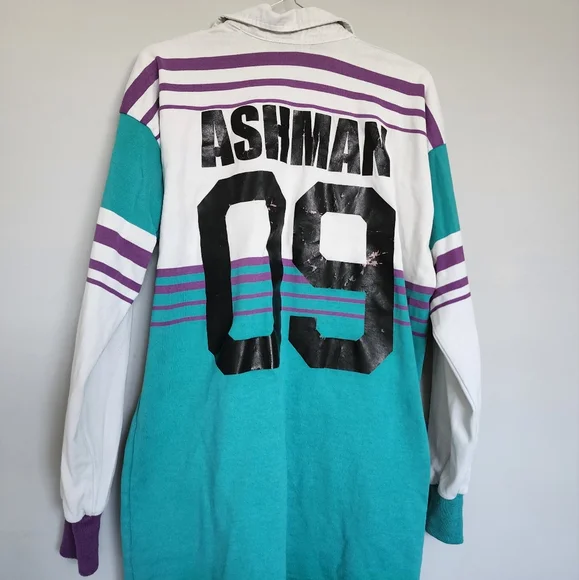 School Shirt Vintage Retro Mens Aqua Green Purple Stripe Longsleeve Sweatshirt - Picture 3 of 4